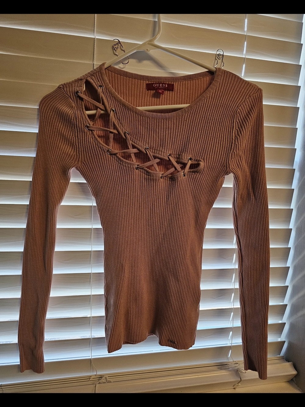 GUESS Long Sleeve Ribbed Lace-Up Top in Mauve